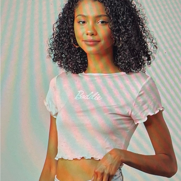Papaya “Baddie” lettuce edge pink graphic crop top size L Barbiecore boho skater - Picture 2 of 16